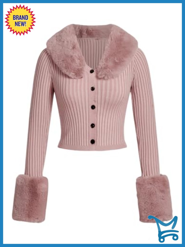 Faux Fur Fuzzy Cardigan Sweater Long Sleeve Rib Knit V-Neck Y2k Layering